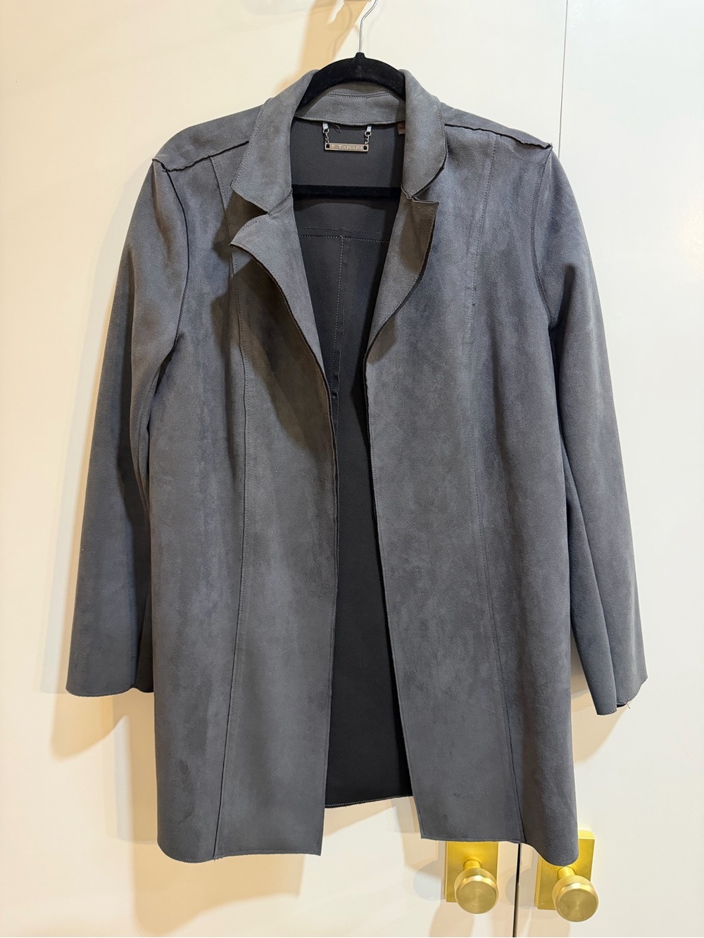 Tahari Gray Suede Open-Front Long Trench Coat